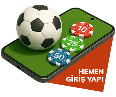 Futbol topu ve renkli oyun jetonlarının yer aldığı telefon temalı tanıtım görseli