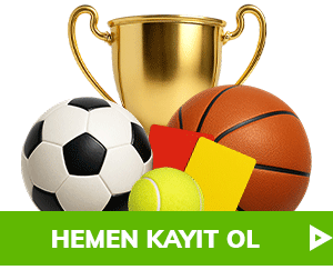 Futbol topu basketbol topu tenis topu ve sarı kartlarla birlikte bir altın kupanın yer aldığı kayıt çağrılı tanıtım görseli